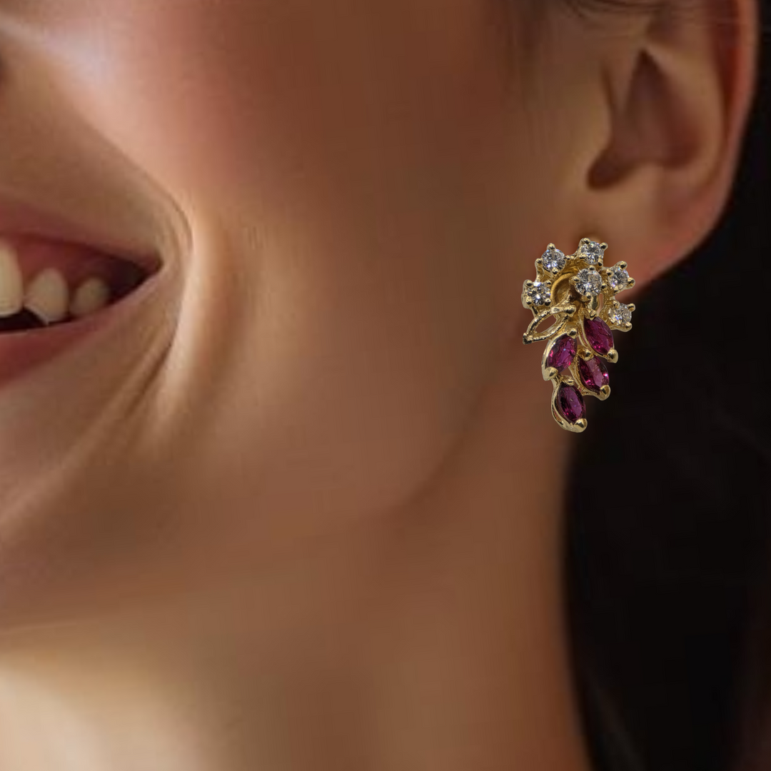 Gold, Ruby & Diamond Raining Floral Earrings