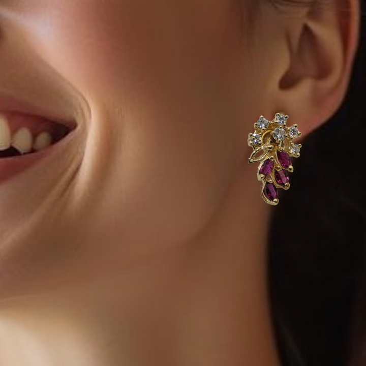 Gold, Ruby & Diamond Raining Floral Earrings