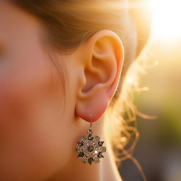 Gold & Diamond Round Starburst Earrings