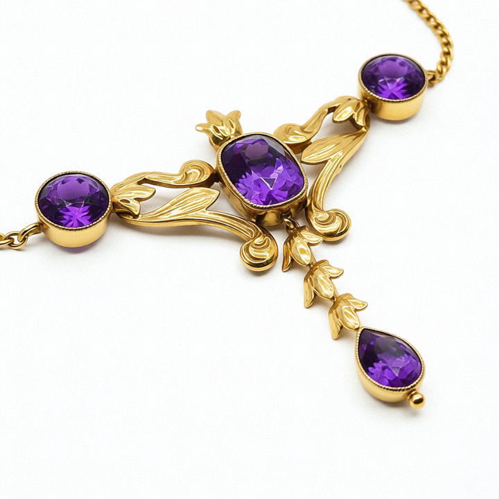 14K Gold & Amethyst Antique Art Nouveau Dangle Necklace