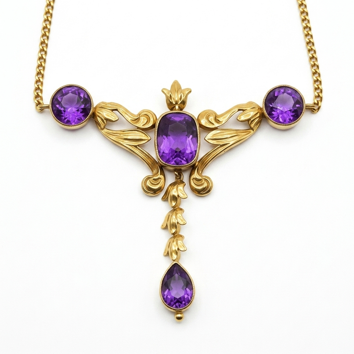 14K Gold & Amethyst Antique Art Nouveau Dangle Necklace