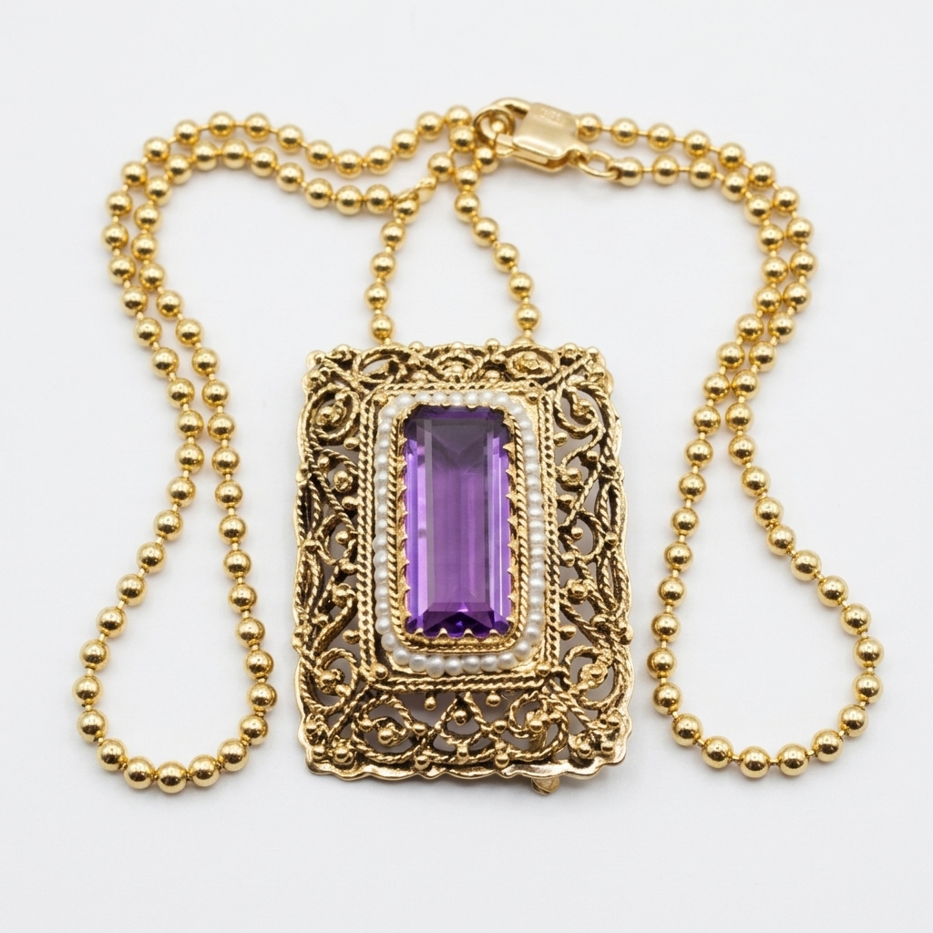 Gold, Large Amethyst & Seed Pearl Necklace - Estate Jewelry Priced Right