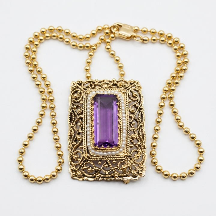 Gold, Large Amethyst & Seed Pearl Necklace - Estate Jewelry Priced Right