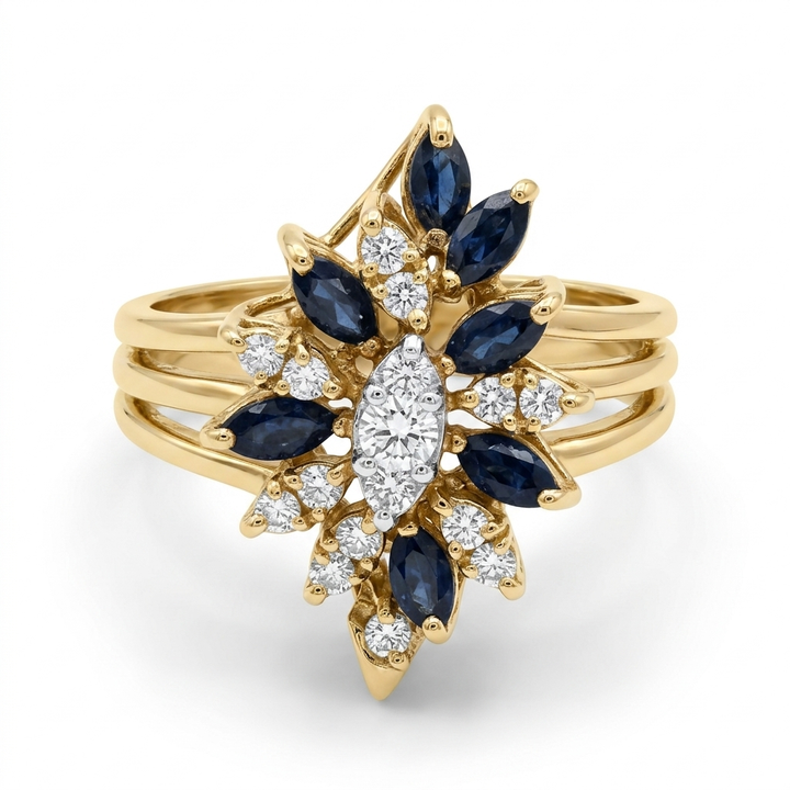 14K Gold, Diamond and Blue Sapphire Statement Ring