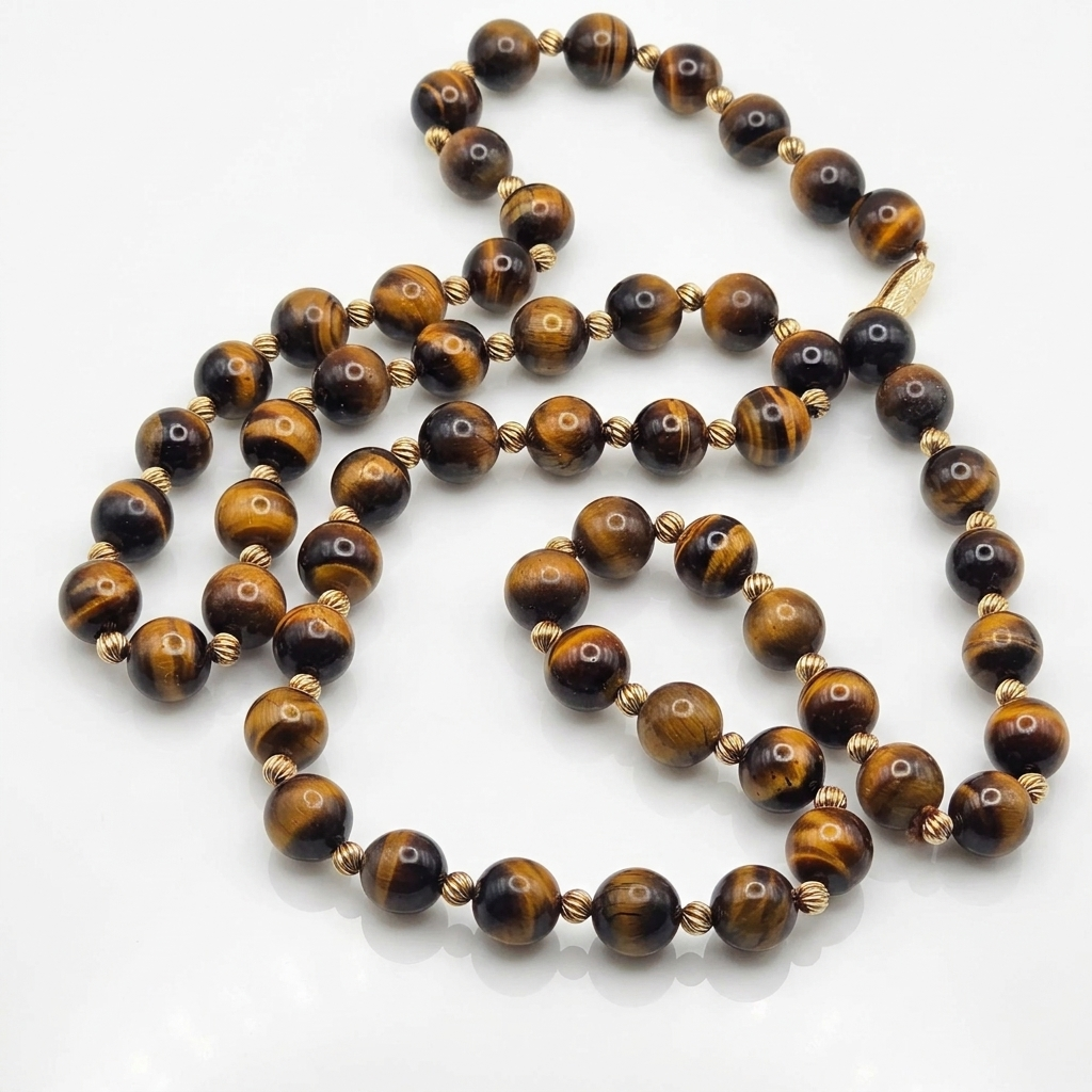 Gold and Tiger Eye Bead Opera Length Necklace - Estate Jewelry Priced Right