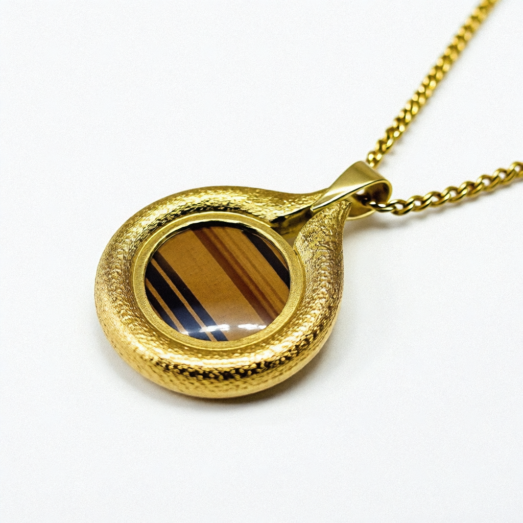 18K Gold Circle Pendant Tiger Eye Necklace - Estate Jewelry Priced Right