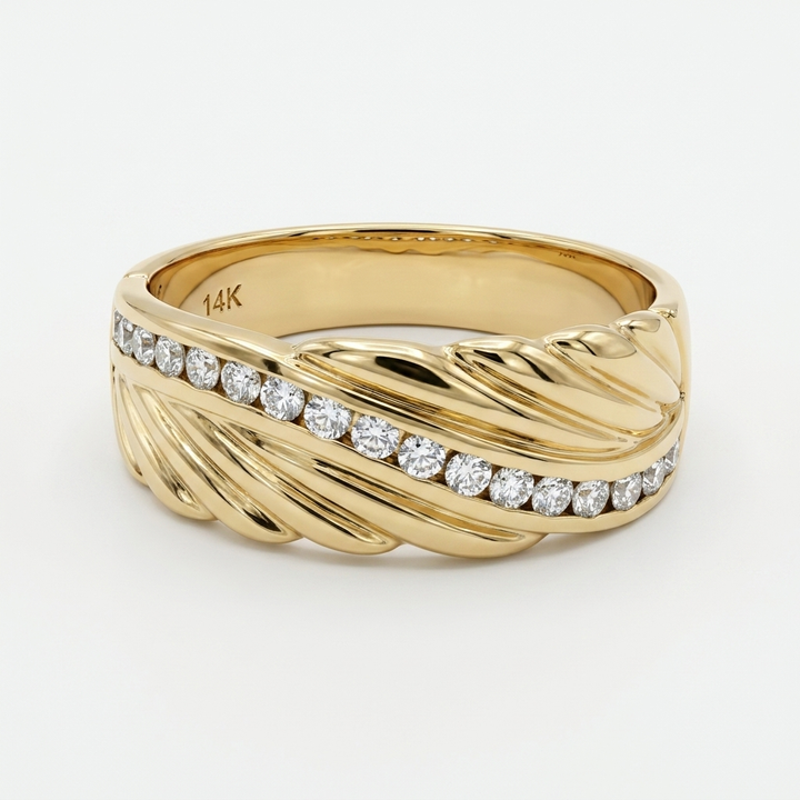 14K Gold Diagonal Wave Channel Set Diamond Statement Ring