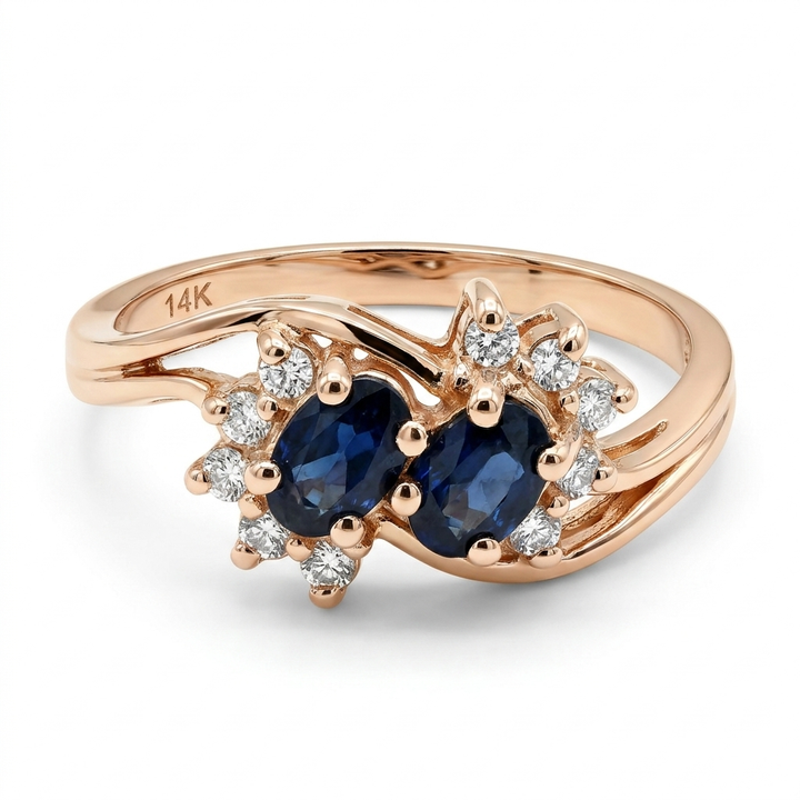 Dainty 14K Gold, Diamond & Blue Sapphire Flower Ring