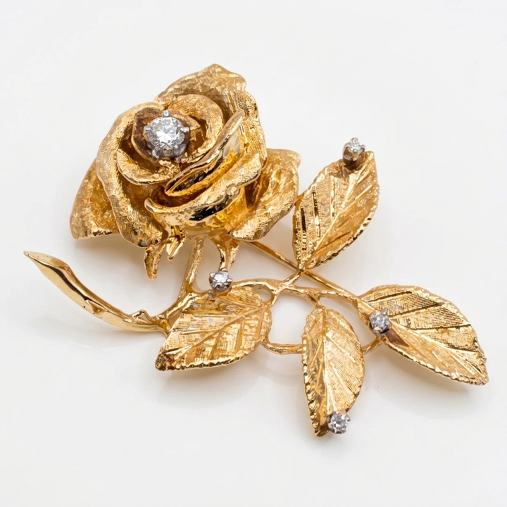 14K Gold & Diamond Detailed Rose Flower Brooch