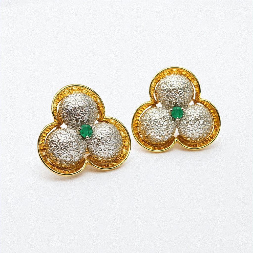 14k Gold, Diamond & Emerald Trefoil Earrings - Estate Jewelry Priced Right