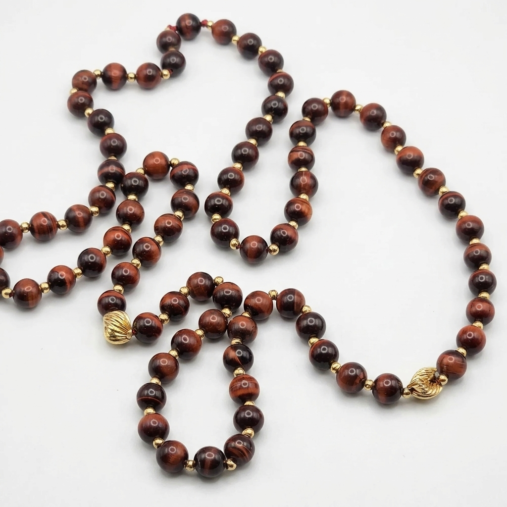 Gold and Tiger Eye Bead Opera Necklace - Estate Jewelry Priced Right