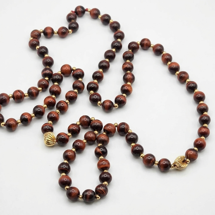 Gold and Tiger Eye Bead Opera Necklace - Estate Jewelry Priced Right