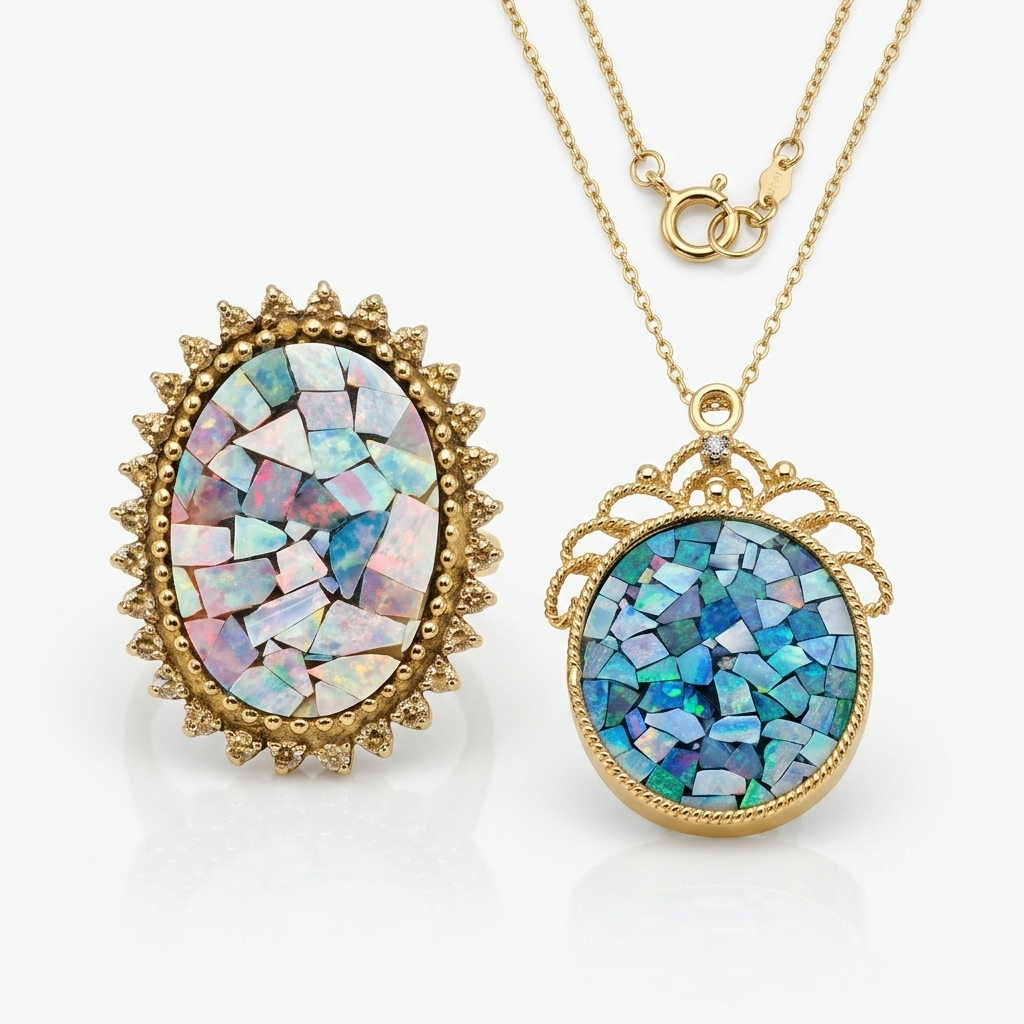 14K Gold, Diamond, Mosaic Opal Ring and Necklace Set - Estate Jewelry Priced Right