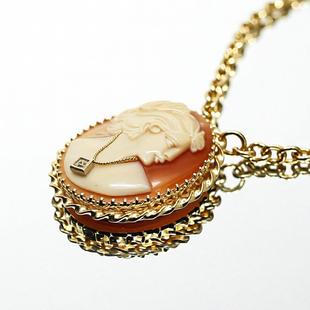 Gold and Hand Carved Conch Cameo Necklace - Estate Jewelry Priced Right
