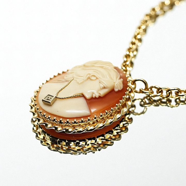 Gold and Hand Carved Conch Cameo Necklace - Estate Jewelry Priced Right
