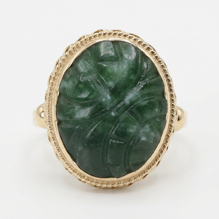14K Gold Hand-Carved Green Jade Statement Ring