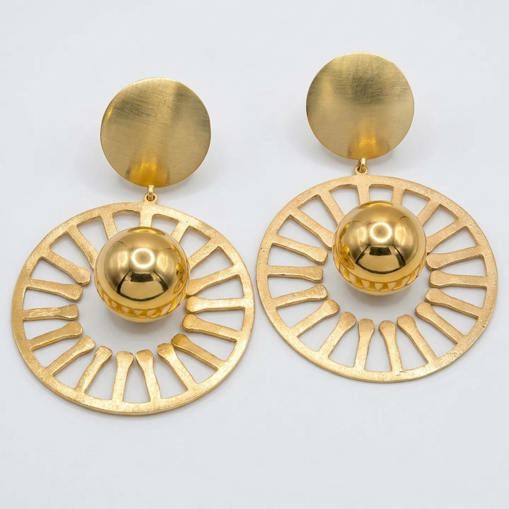 14K Gold Mid-Century Modern Geometric Sun Motif Dangle Earrings