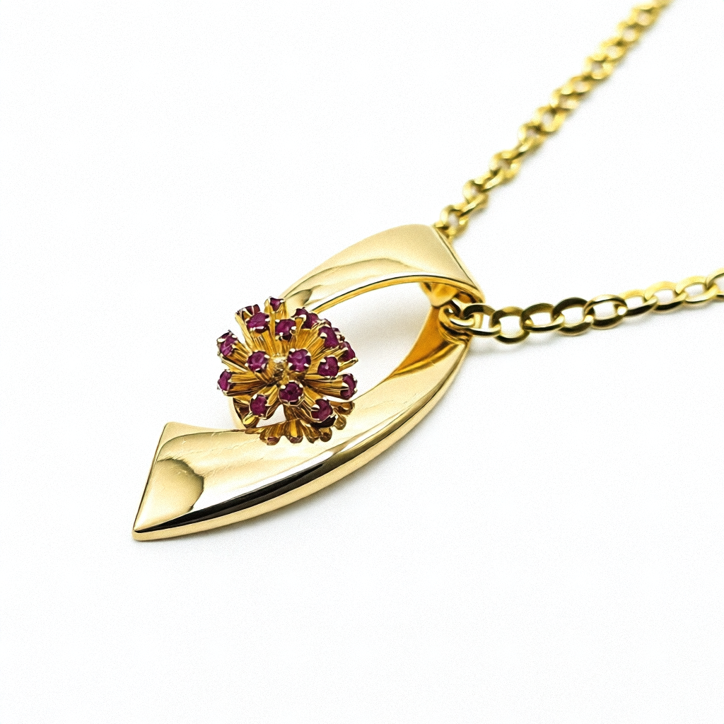 Gold Necklace with Abstract Ruby Burst Pendant - Estate Jewelry Priced Right