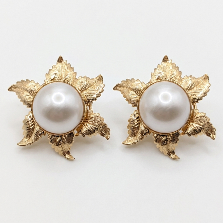 Large 14K Gold & Mabe Pearl Flower Statement Earrings