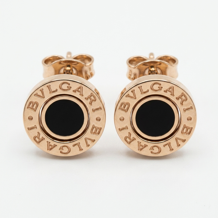 18K Rose Gold & Onyx Bvlgari Stud Earrings