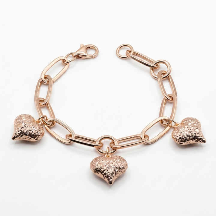 18K Gold Long Link & 3D Hearts Bracelet