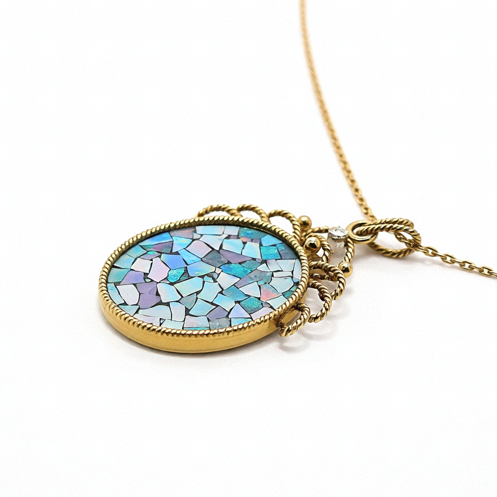 Delicate Gold Necklace with Mosaic Opal Pendant - Estate Jewelry Priced Right