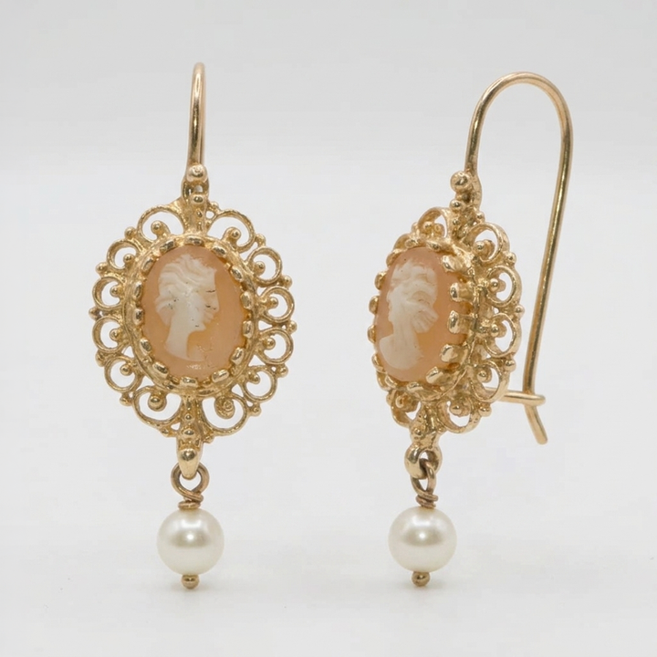 14K Gold Victorian Cameo Dangle Earrings