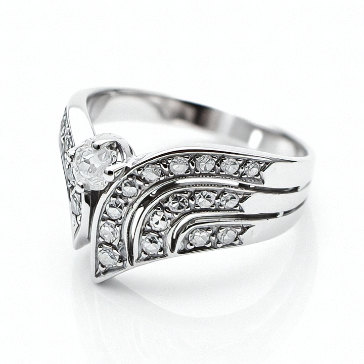 14k White Gold Chevron Pave Diamond Ring