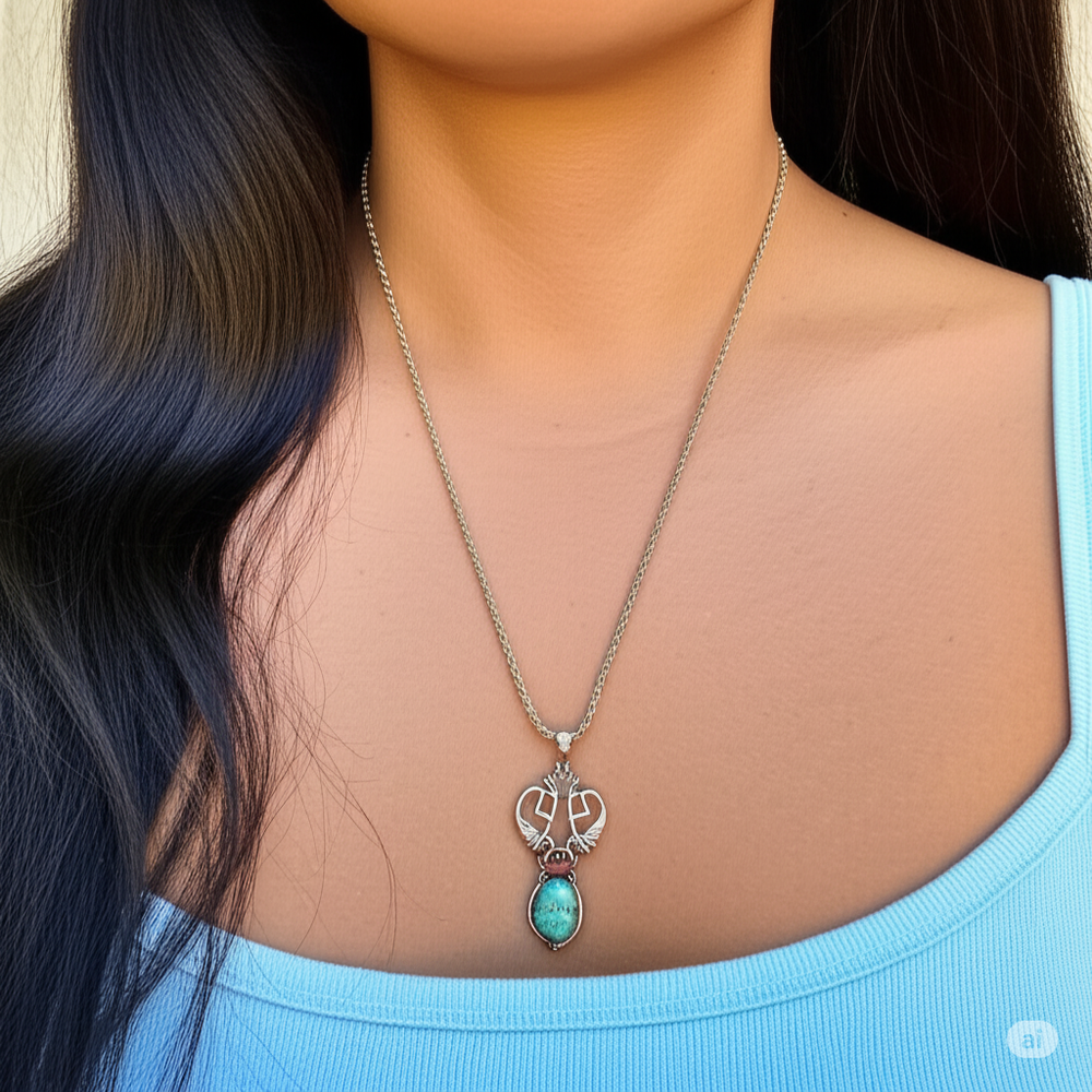 Necklace with a turquoise pendant worn by a person with blue hair.