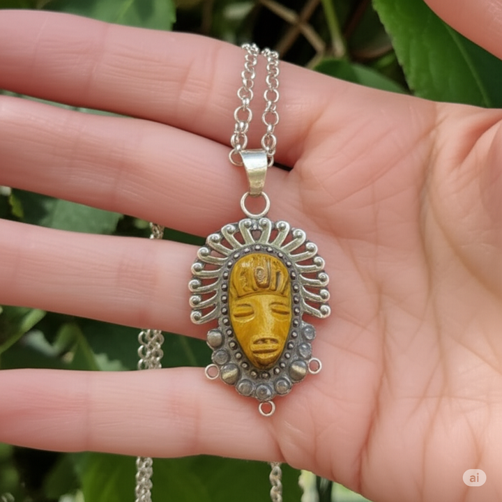 Sterling Silver Carved Tiger Eye Tribal Warrior Face