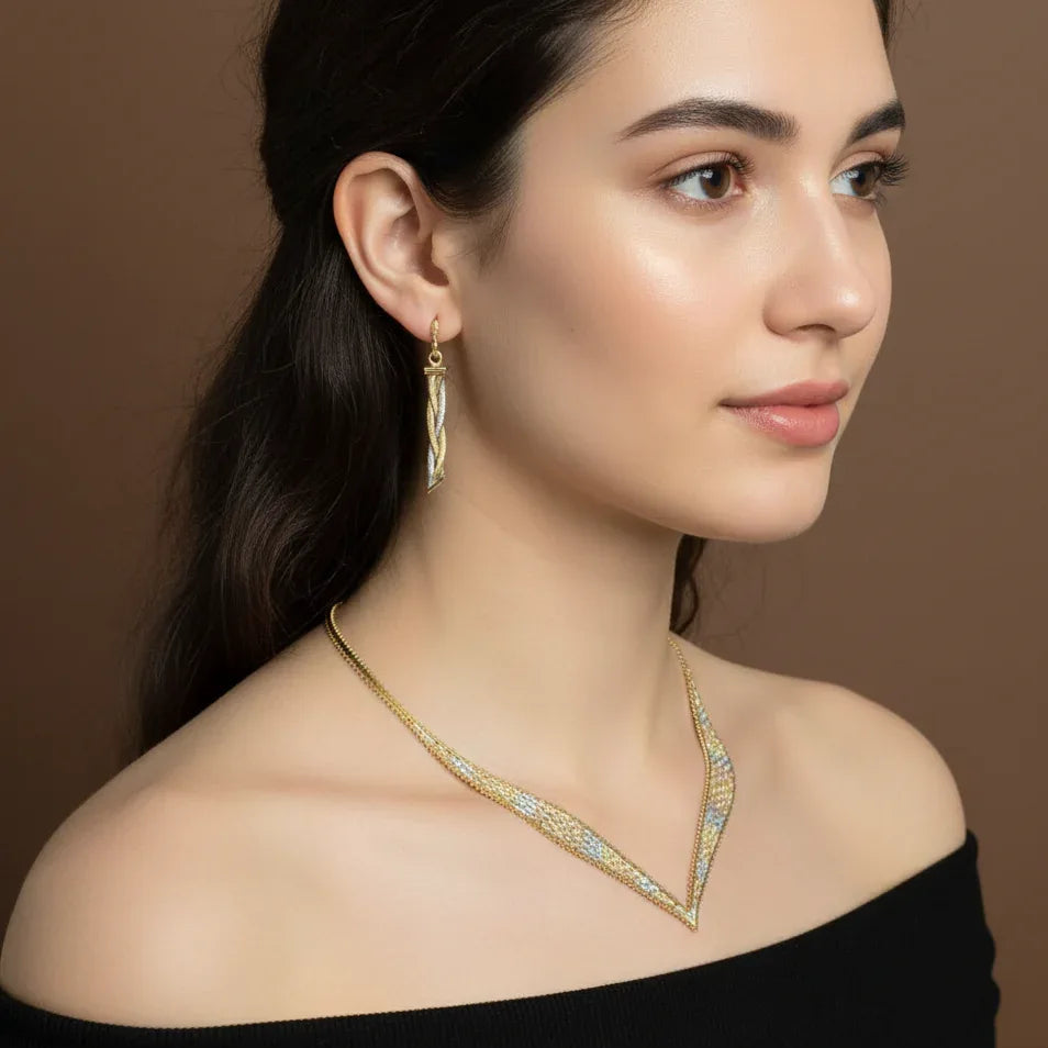 Tri-Color Gold Running Bond Omega Necklace & Earrings Set - Estate Jewelry Priced Right