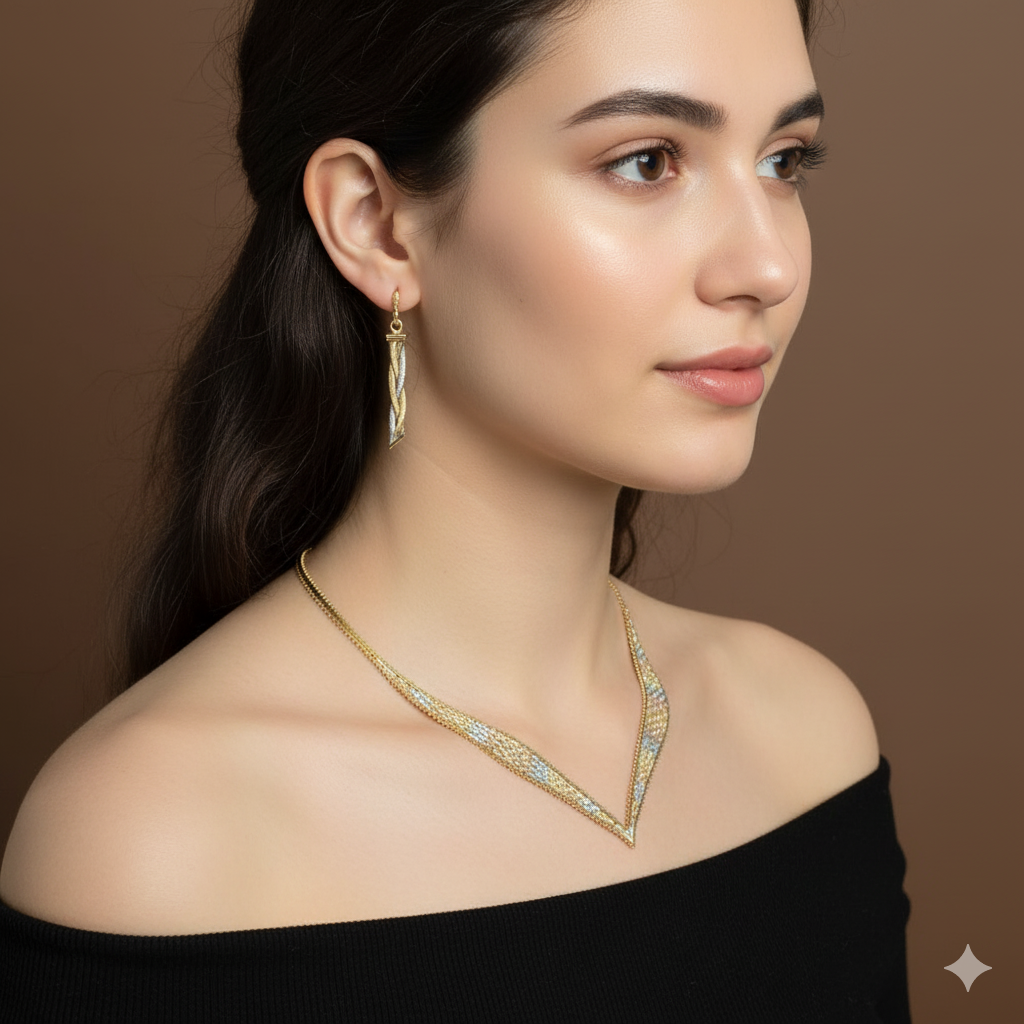 Tri-Color Gold Running Bond Omega Necklace & Earrings Set