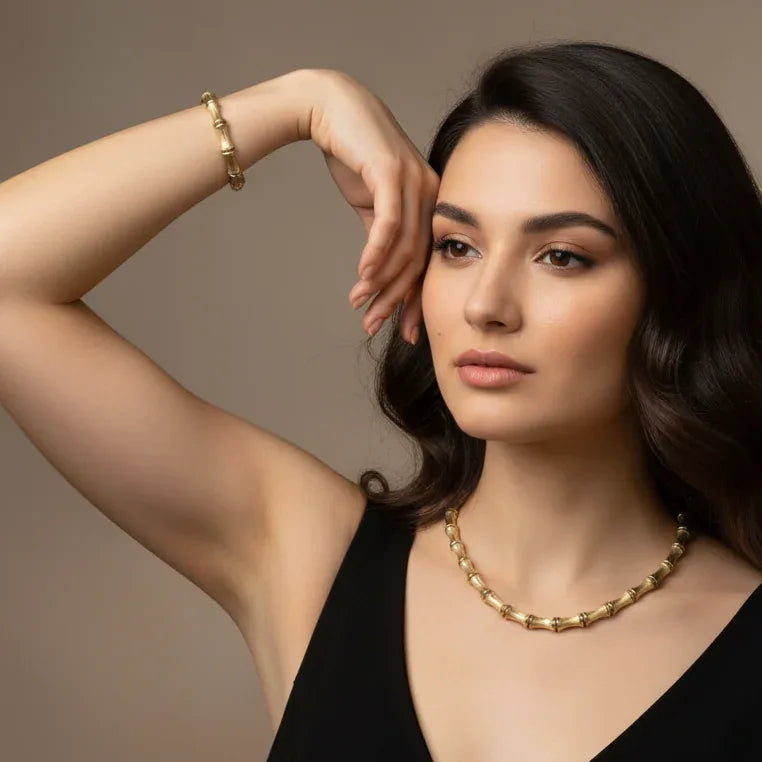 Gold Bamboo Link Necklace and Bracelet Set - Estate Jewelry Priced Right