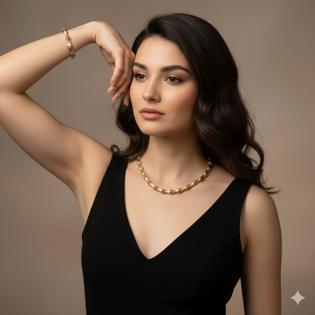 Gold Bamboo Link Necklace and Bracelet Set