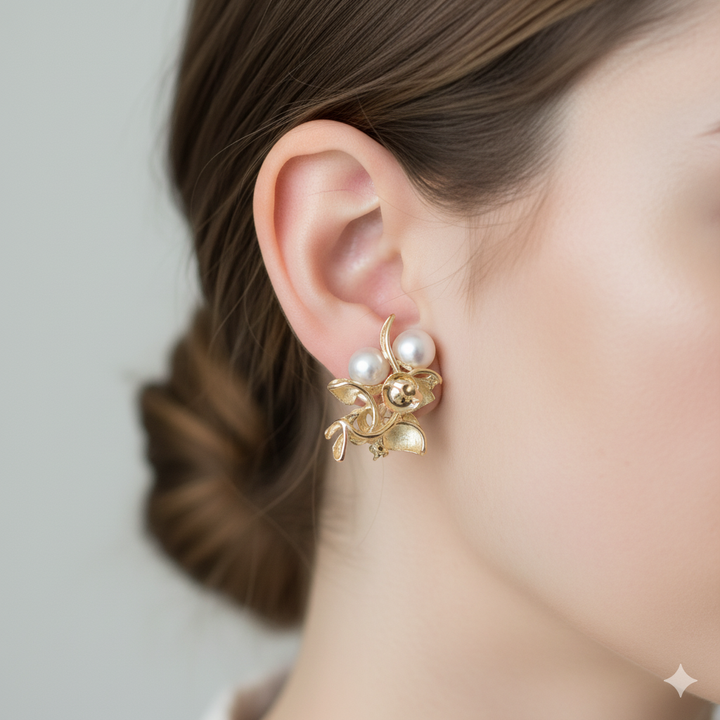 Gold, Diamond & Pearl Flower Earrings
