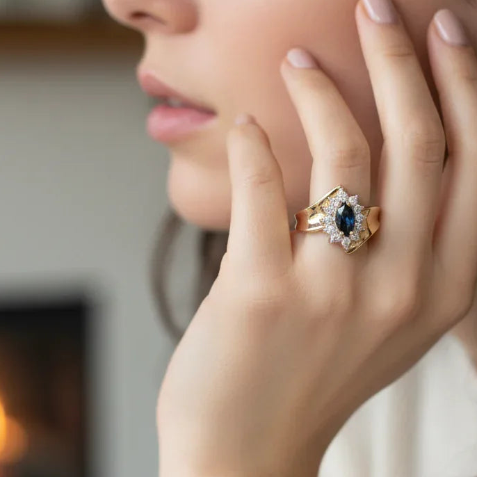 Gold, Diamond & Deep Blue Sapphire Ring - Estate Jewelry Priced Right