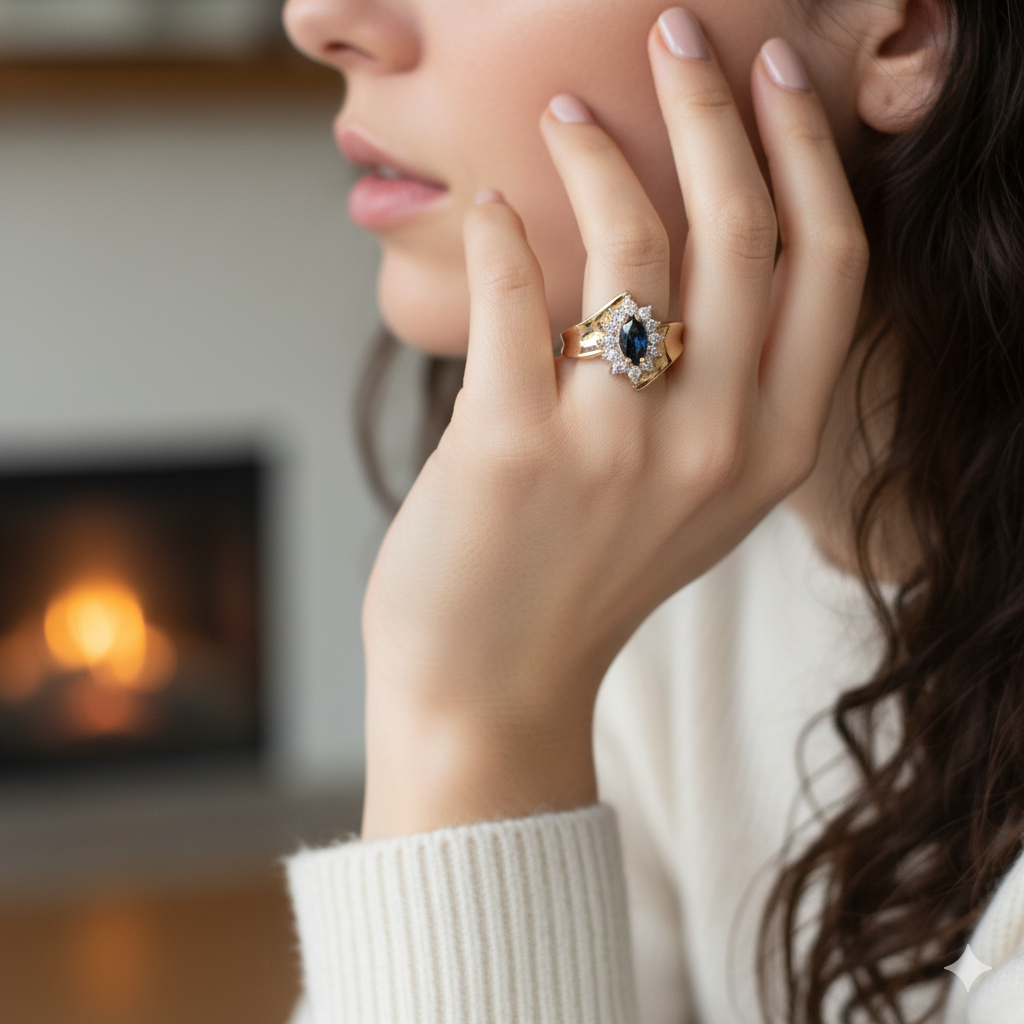 Gold, Diamond & Deep Blue Sapphire Ring