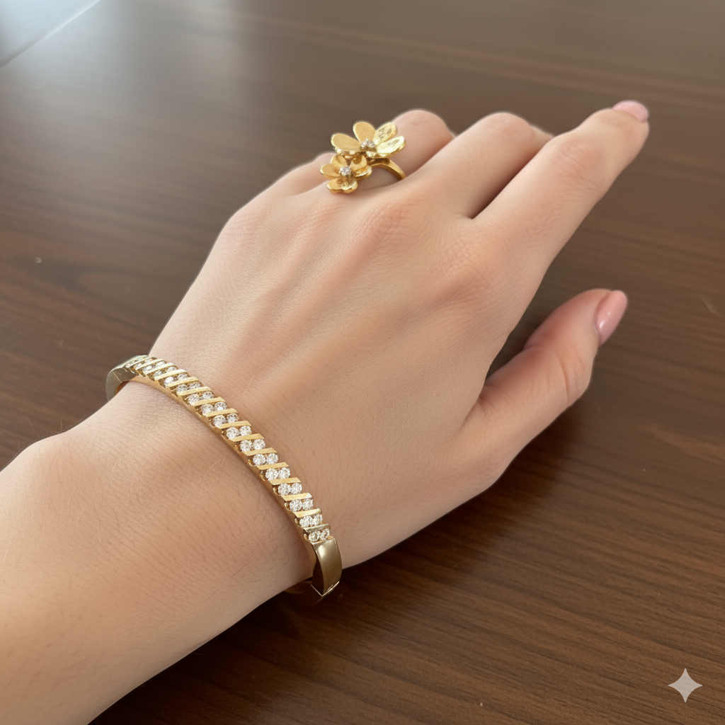 Gold & Diagonal Diamond Bangle Bracelet
