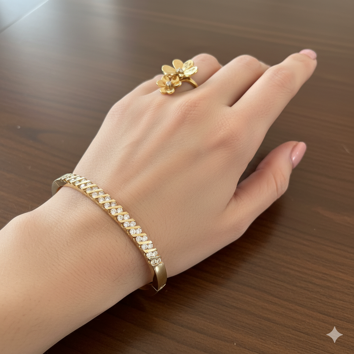 Gold & Diagonal Diamond Bangle Bracelet