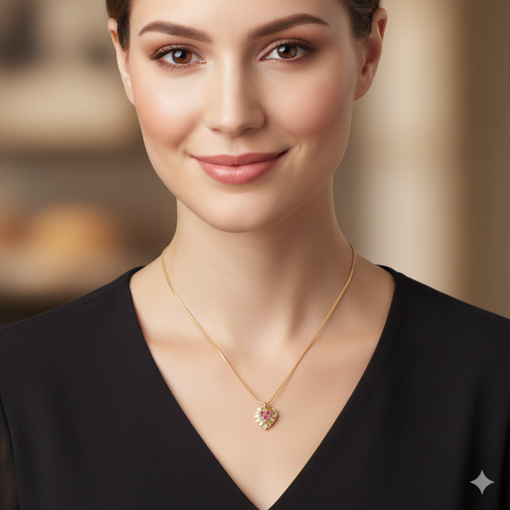 Gold & Ruby Floral Heart Necklace