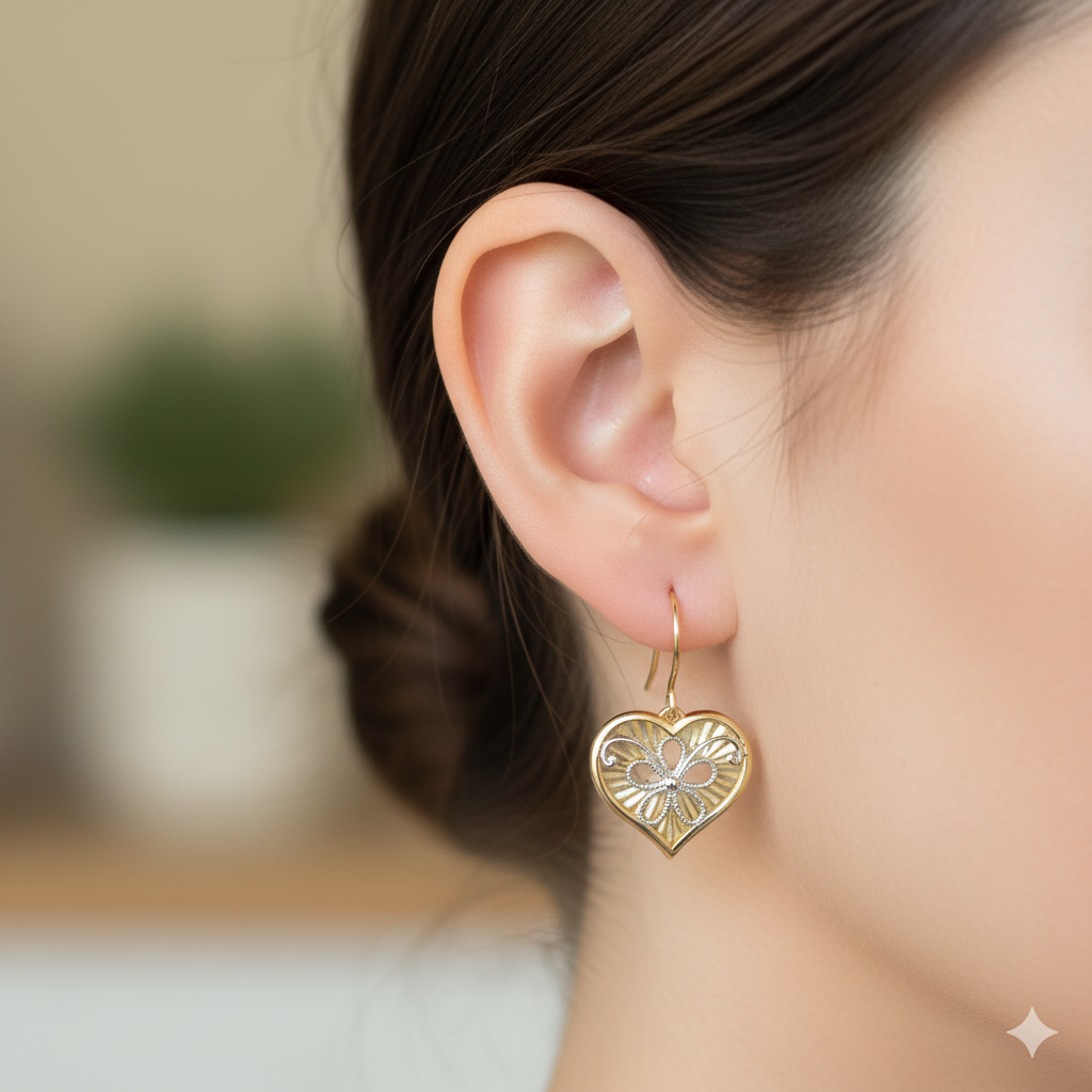 Gold Heart and Filigree Flower Dangle Earrings