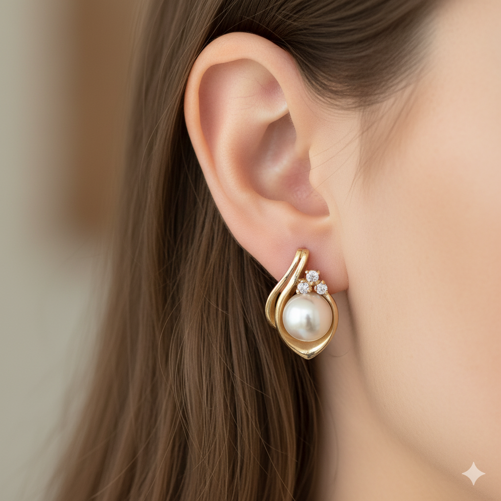 14K Gold, Pearl & Diamond Teardrop Stud Earrings