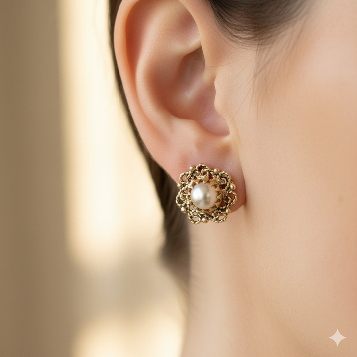 14K Gold & Pearl Filigree Surround Stud Earrings