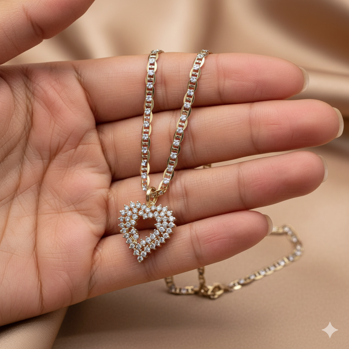 Gold & Diamond Encrusted Symmetrical Heart Necklace