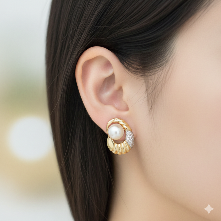 14K Gold, Pearl & Diamond Cornucopia Stud Earrings