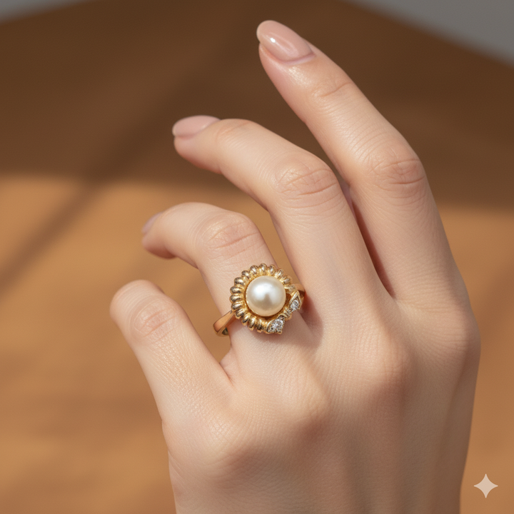 Gold, Pearl and Diamond Bow Accented Ring