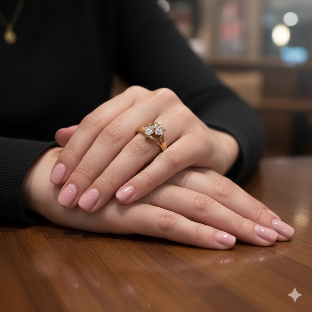 Hand wearing a diamond ring on a wooden surface with a blurred background