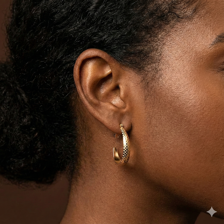 Gold "J" Hoop Checkerboard Cut Earrings
