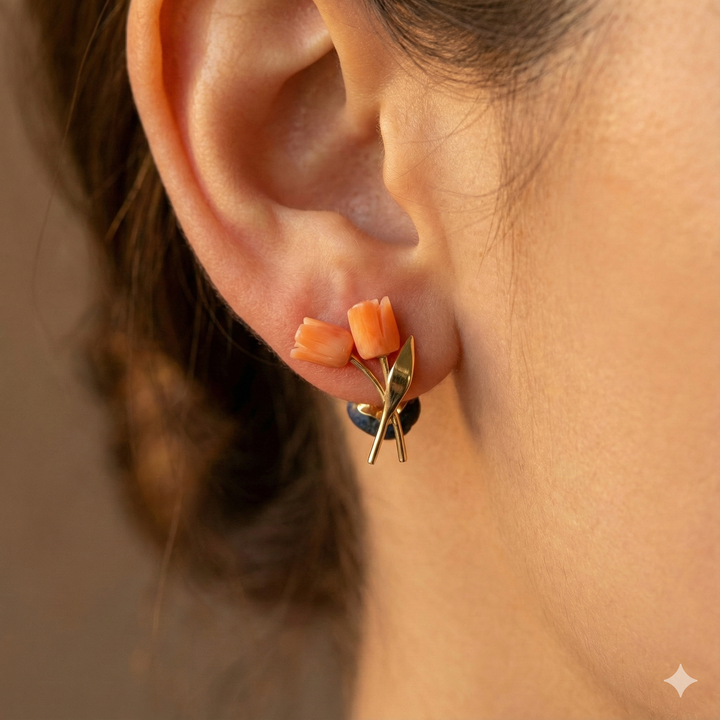 Gold & Floral Coral Stud Earrings