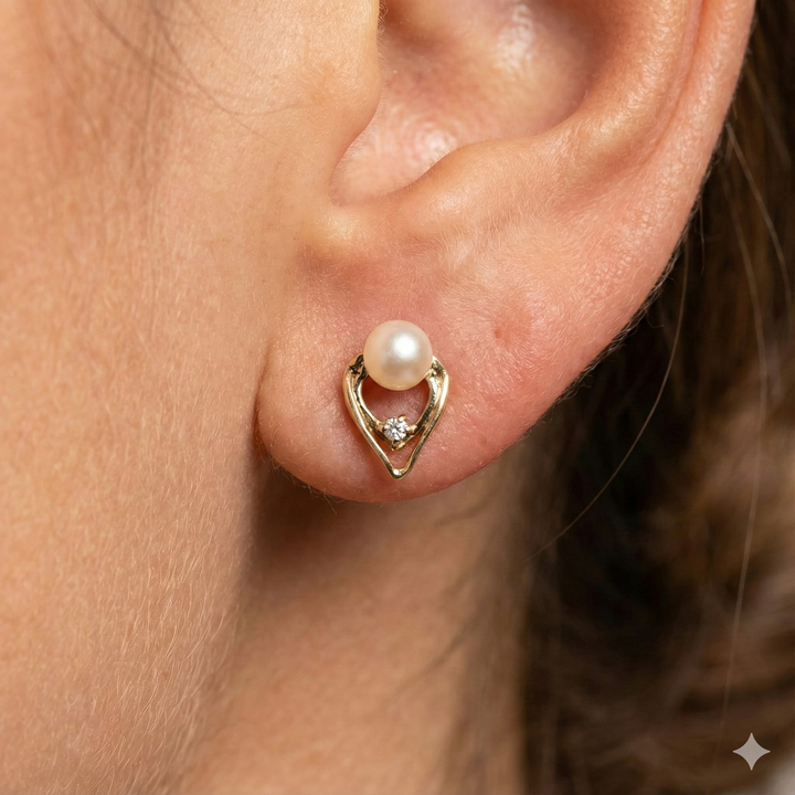 Gold, Pearl & Diamond Heart Stud Earrings